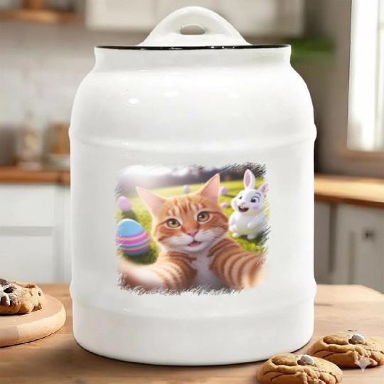 Cute Easter Selfie Cat Bunny Spring Ceramic Cookie Jars For Kids