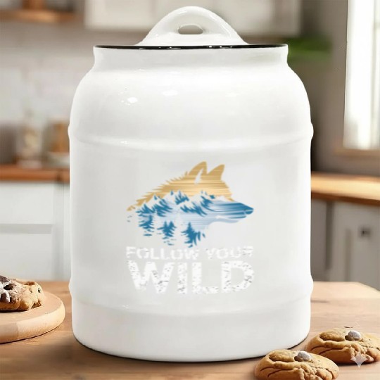 Follow Your Wild Adventure Mountain Wolf Ceramic Cookie Jars
