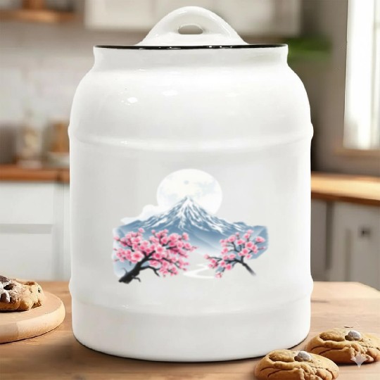 Japanese mount fuji Sakura tree Cherry blossom Ceramic Cookie Jars