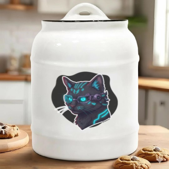 Badass Cat Cyberpunk – Neon Feline from the Future Ceramic Cookie Jars