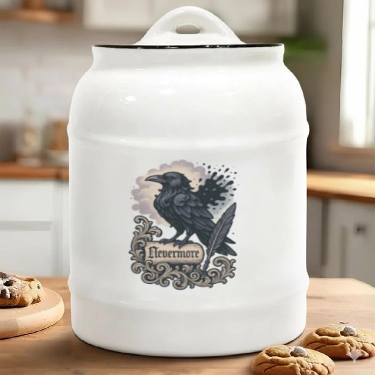 Baroque Raven Nevermore Scroll Poe Poetry Ceramic Cookie Jars