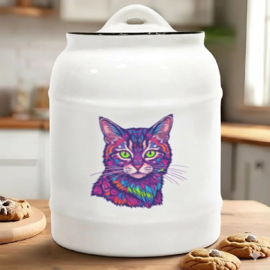 psychedelic cat illustration Ceramic Cookie Jars