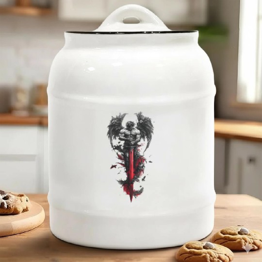 Dark Fallen Angel with Crimson Sword Ceramic Cookie Jars