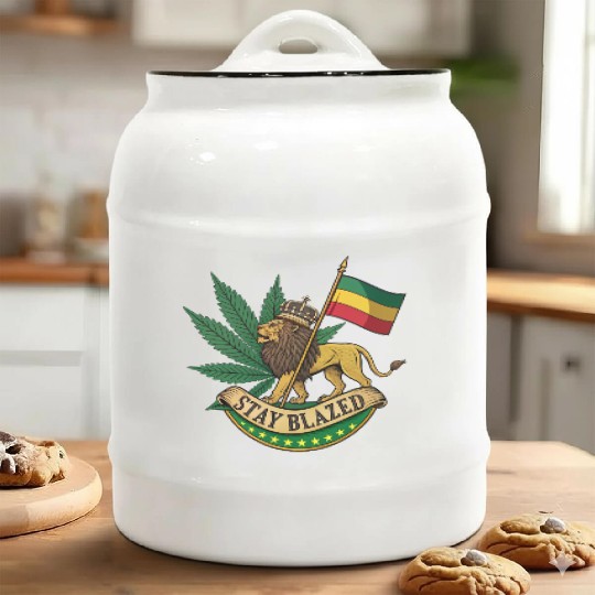 Stay Blazed Lion of Judah Rasta Flag & Weed Leaf Ceramic Cookie Jars