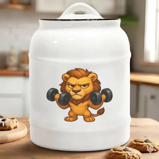 Grumpy lion fitness dumbbell biceps workout Ceramic Cookie Jars