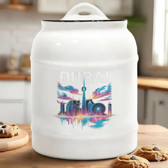 Dubai Skyline Neon Art Ceramic Cookie Jars