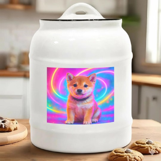 Neon Shiba Vibes – Kawaii Puppy Magic Ceramic Cookie Jars