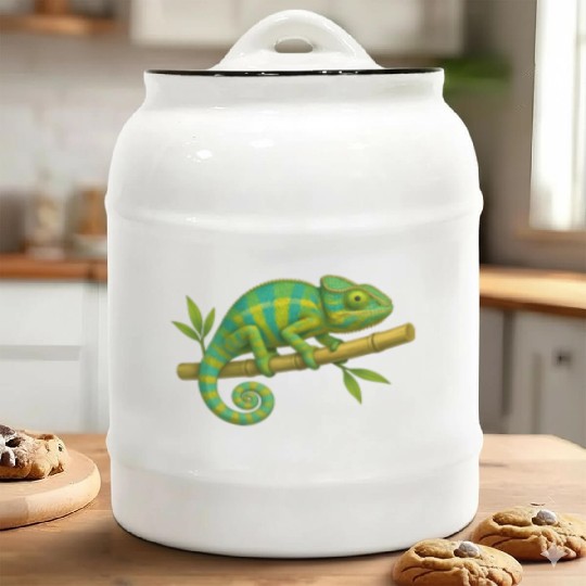 Colorful Chameleon on Bamboo Branch Ceramic Cookie Jars