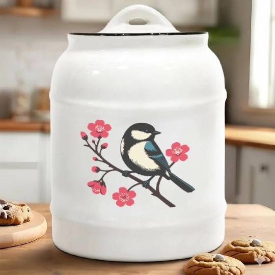Cherry Blossom Bird - Spring Serenity Art Ceramic Cookie Jars