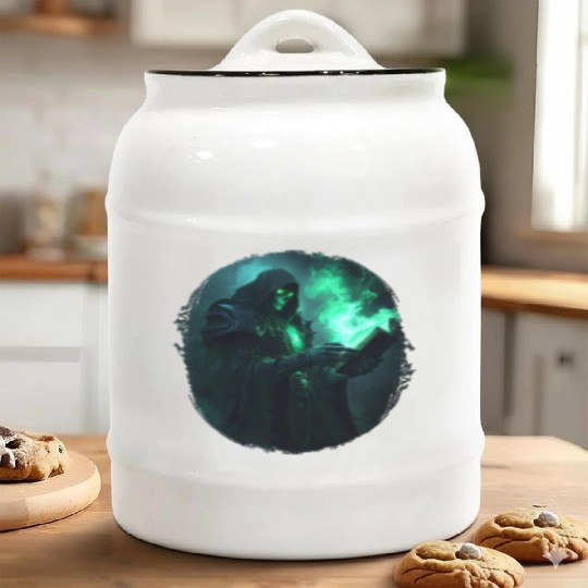 Green Shadow Mage with Burning Spell Book Ceramic Cookie Jars
