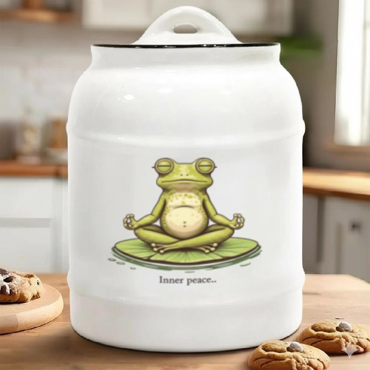 Funny Zen Frog Meditating on Lily Pad – Yoga Ceramic Cookie Jars