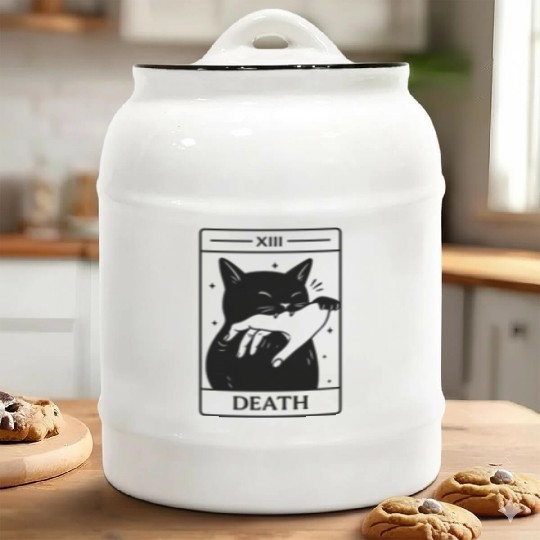 Death Tarot Cat, Funny Dark Humor, Occult Ceramic Cookie Jars