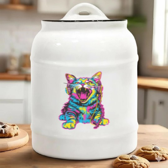 Psychedelic Cat with Headphones in Vibrant Colors Ceramic Cookie Jars
