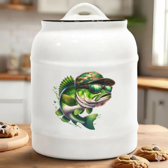 Camo Hat Bass Fish with Green Sunglasses Ceramic Cookie Jars