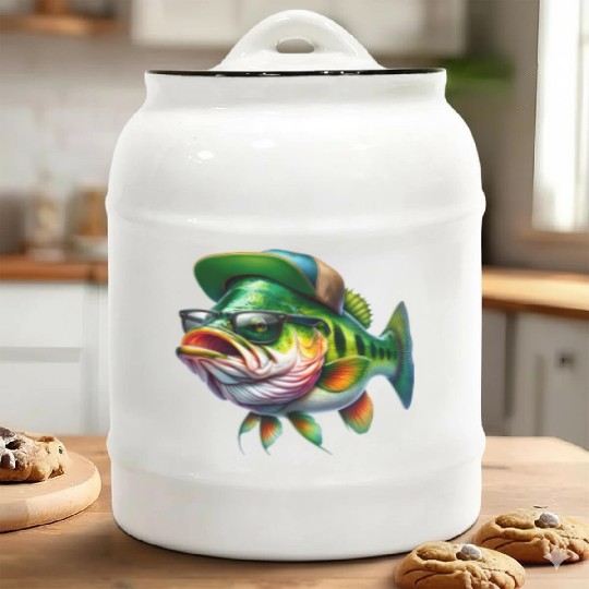 Cool Bass Fish with Green Hat and Glasses Ceramic Cookie Jars