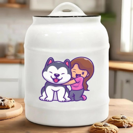 Cute Girl Hugging Playful Husky Design Ceramic Cookie Jars