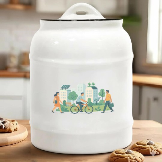 Eco-Friendly Urban Cycling Scene Ceramic Cookie Jars