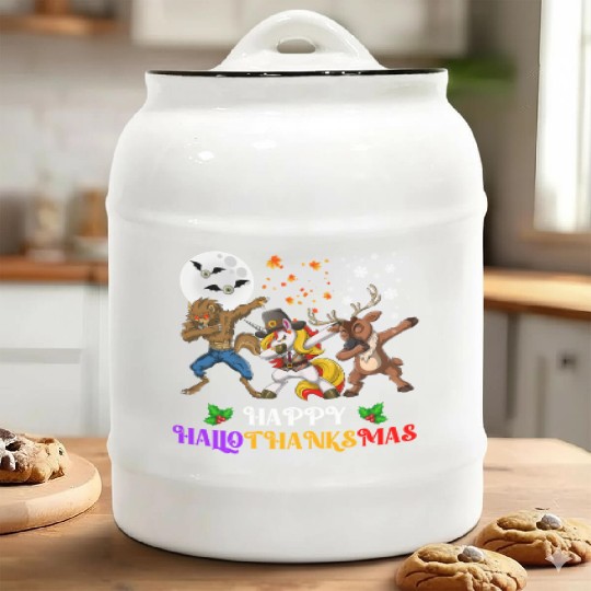 Happy Hallothanksmas Dabbing werewolf Unicorn Deer Ceramic Cookie Jars