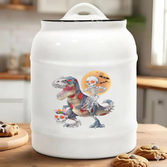 Skeleton Riding Zombie Dinosaur T rex Halloween Ceramic Cookie Jars
