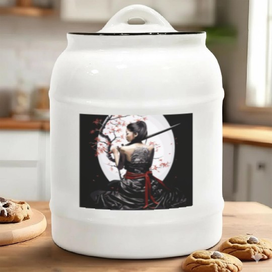Samurai Serenity: Woman with Sword Under Cherry Ceramic Cookie Jars