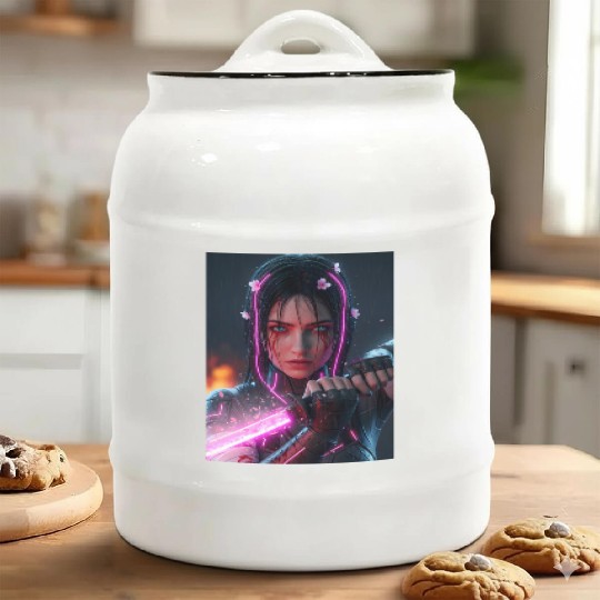 Cyberpunk Samurai Girl Ceramic Cookie Jars