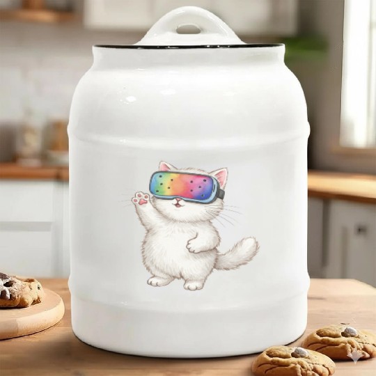 Whimsical Cat with VR Mask Ceramic Cookie Jars