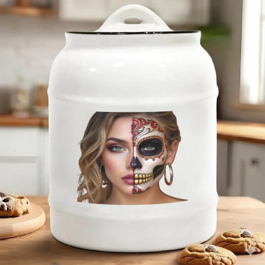 Intricate Sugar Skull Face Art Ceramic Cookie Jars