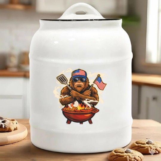 Patriotic BBQ Gorilla Illustration Ceramic Cookie Jars