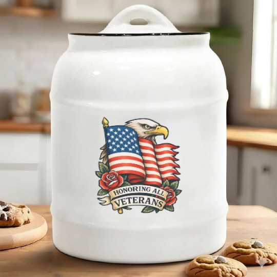 Veterans Flag and Eagle Tribute Design Ceramic Cookie Jars