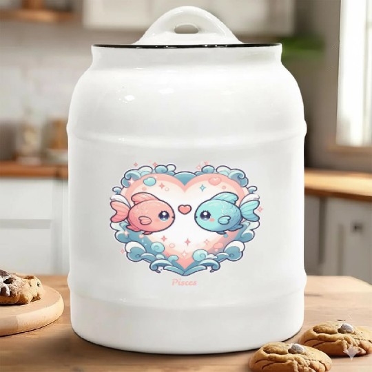 Celestial Pisces Love Heart Illustration Ceramic Cookie Jars