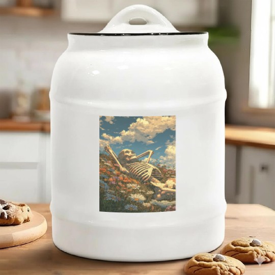 Relaxing Skeleton in Flower Field Ceramic Cookie Jars