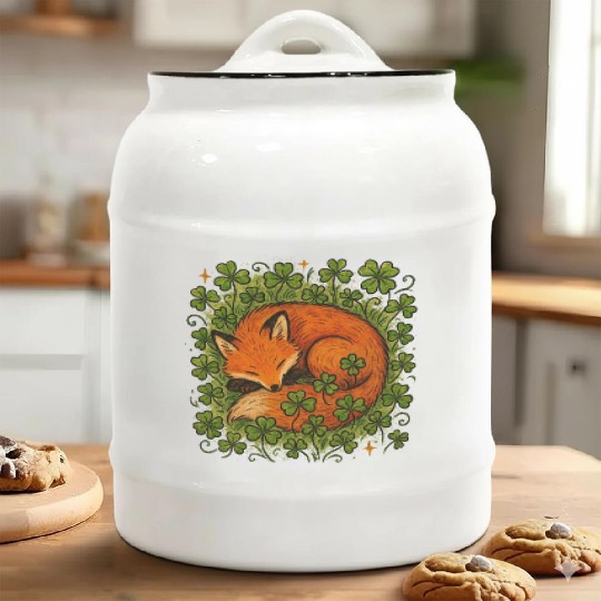 Fox Sleeping in Clover Peaceful Nature Art Ceramic Cookie Jars