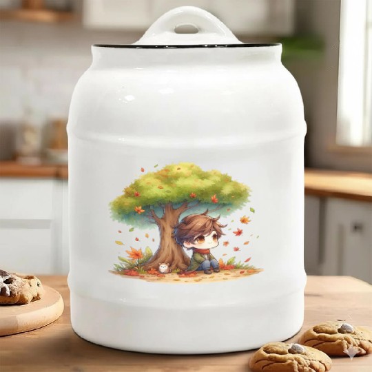 Autumn Serenity Chibi under a Maple Tree Ceramic Cookie Jars