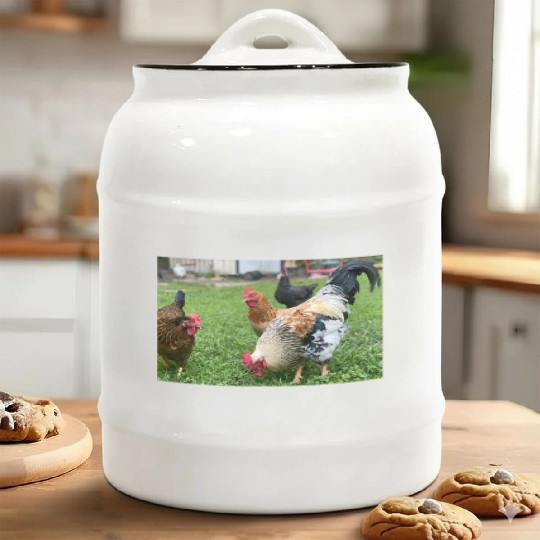 Farmyard Rooster and Chickens Illustration Ceramic Cookie Jars