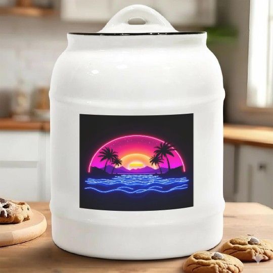 Neon Sunset Over Tropical Island Ceramic Cookie Jars