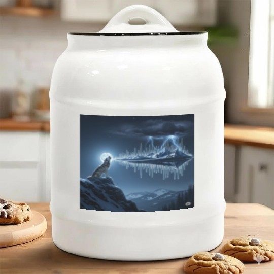 Mystic Mountain Wolf Sound Wave Ceramic Cookie Jars