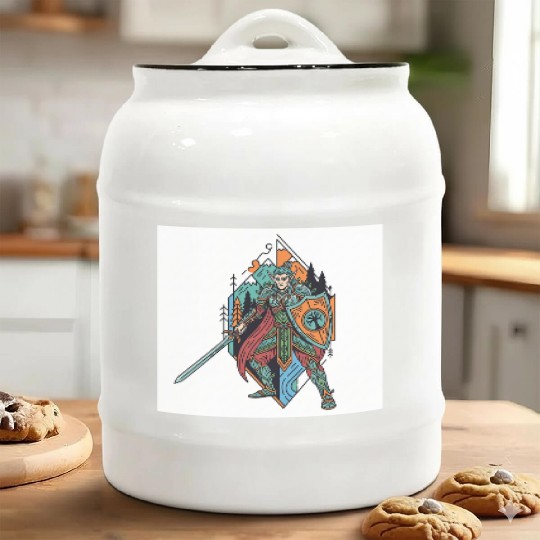 Epic Elf Warrior Shield and Sword Illustration Ceramic Cookie Jars