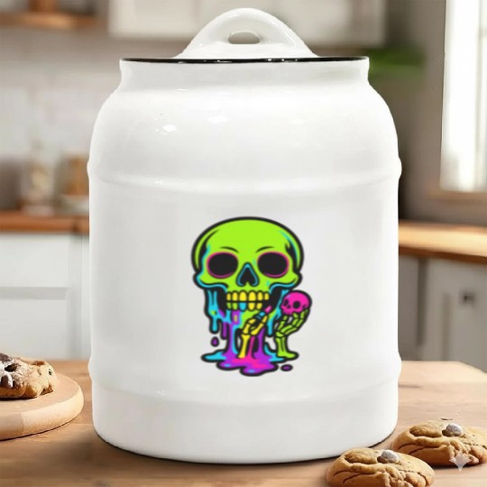 Neon Melting Skull with Small Skeleton Ceramic Cookie Jars