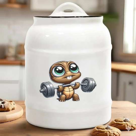 Chibi turtle with barbell weightlifter cartoon Ceramic Cookie Jars