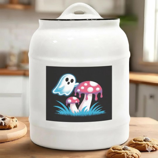 Whimsical Ghost and Mushrooms Illustration Ceramic Cookie Jars
