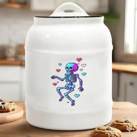 Neon Skeleton Dancing Pixels Ceramic Cookie Jars