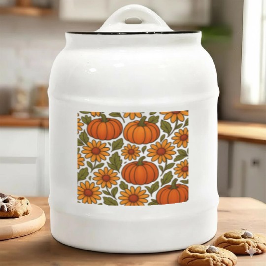 Autumn Pumpkin and Daisy Pattern Ceramic Cookie Jars