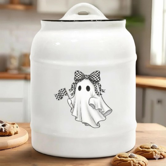 Ghost Boo Checkered Bow Race Day Racing Flag Racer Ceramic Cookie Jars