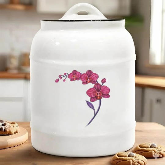 Elegant Violet Pink Orchid Flower Branch Design Ceramic Cookie Jars