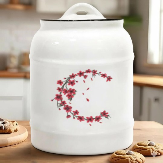 Red Moon Cherry Blossom Sakura Flower Design Ceramic Cookie Jars
