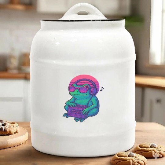 Retro Frog DJ Boombox Graphic Ceramic Cookie Jars