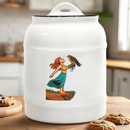 Woman with Hawk on Arm in Nature Scene Ceramic Cookie Jars