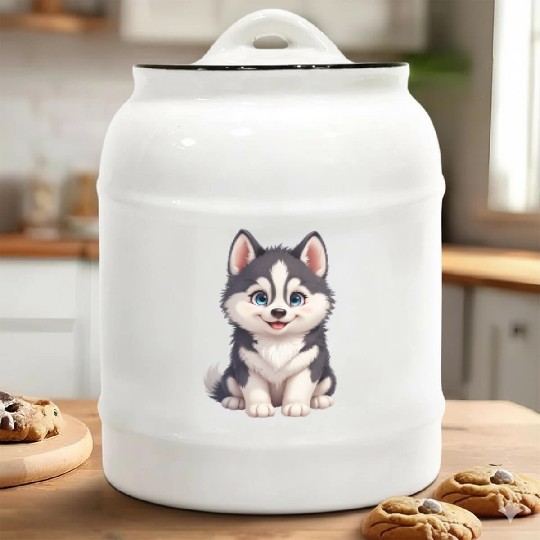 Playful Husky Cartoon Illustration Ceramic Cookie Jars