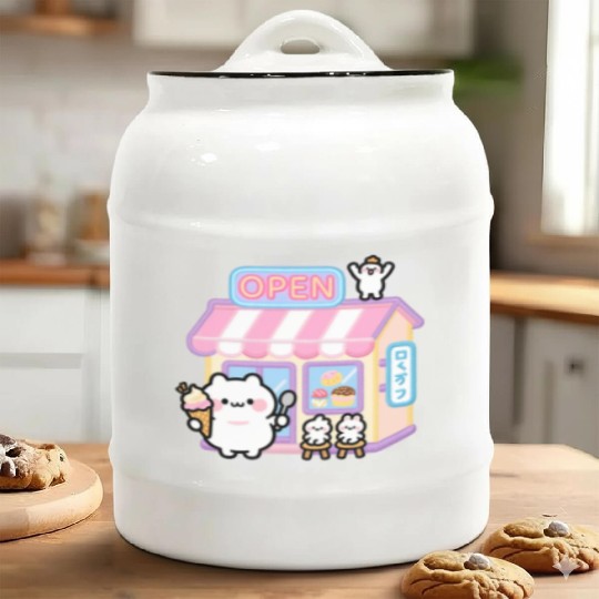 Kawaii Cat Ice Cream Shop Illustration Ceramic Cookie Jars
