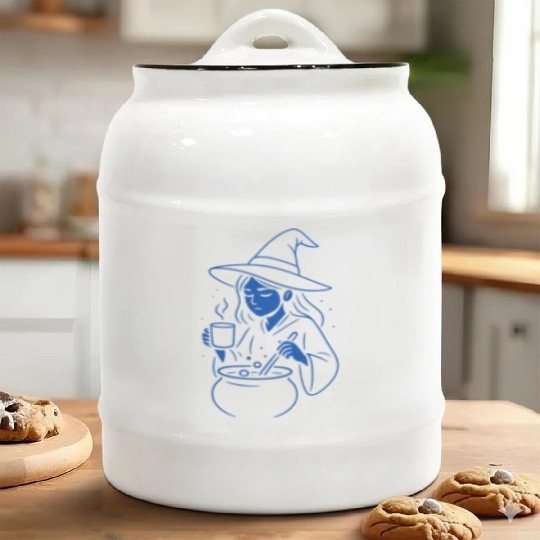 Whimsical Witch Cooking Illustration Ceramic Cookie Jars